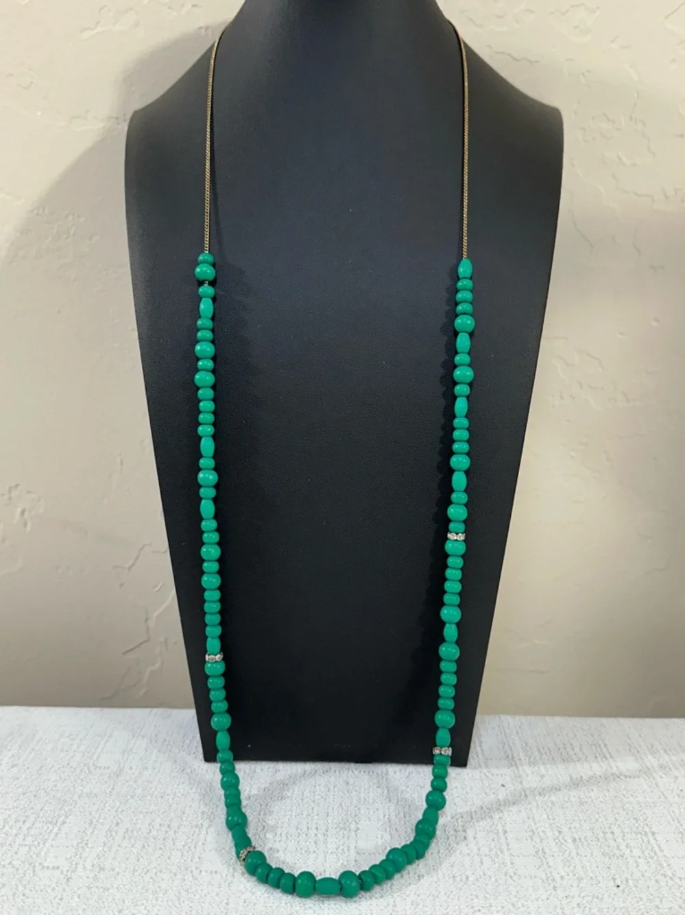 J Crew Factory Floating Wood Green Bead Rhinestone Spacer Necklace